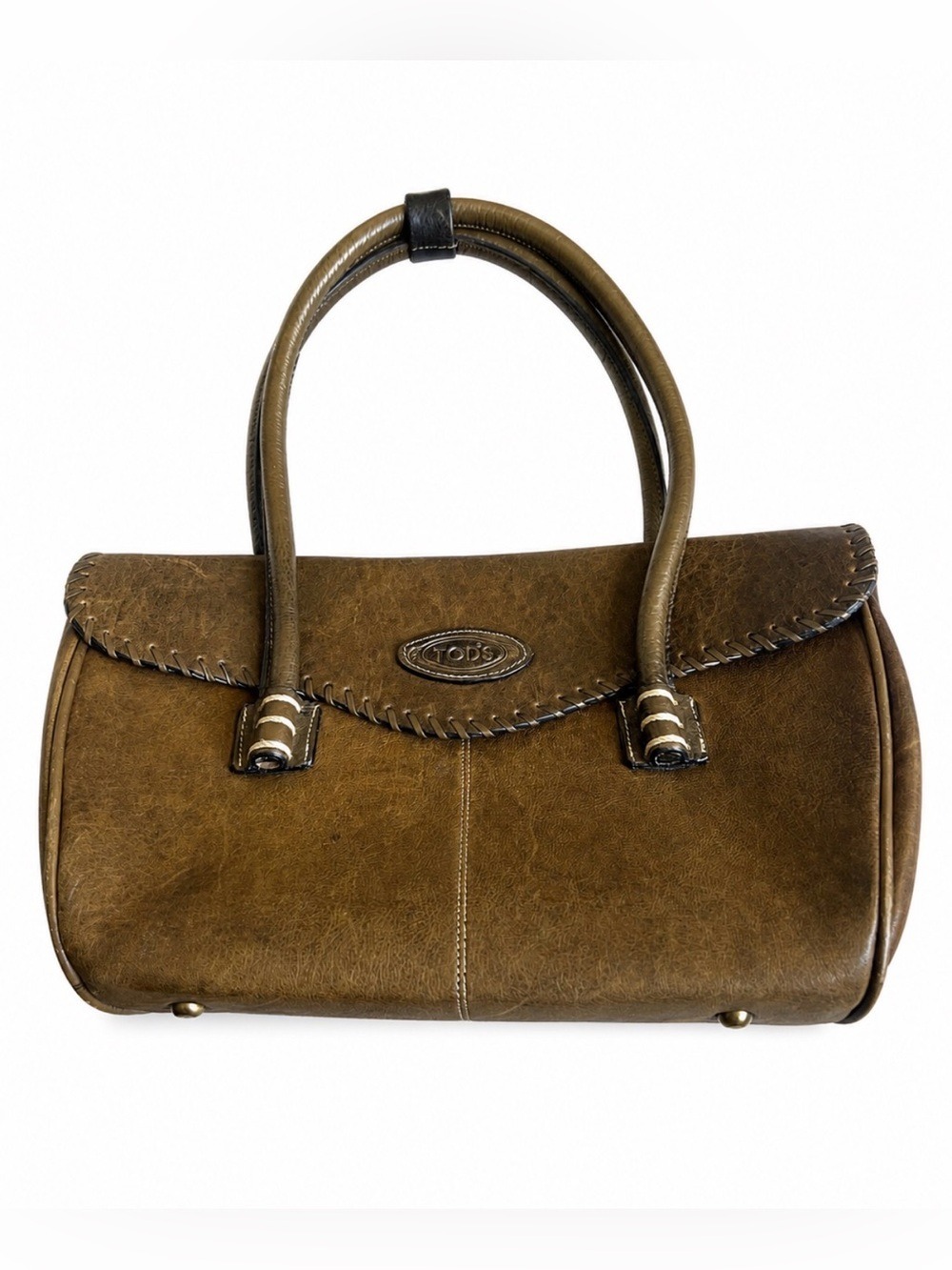 Tod's Olive Brown vintage Leather Satchel with Top Handles